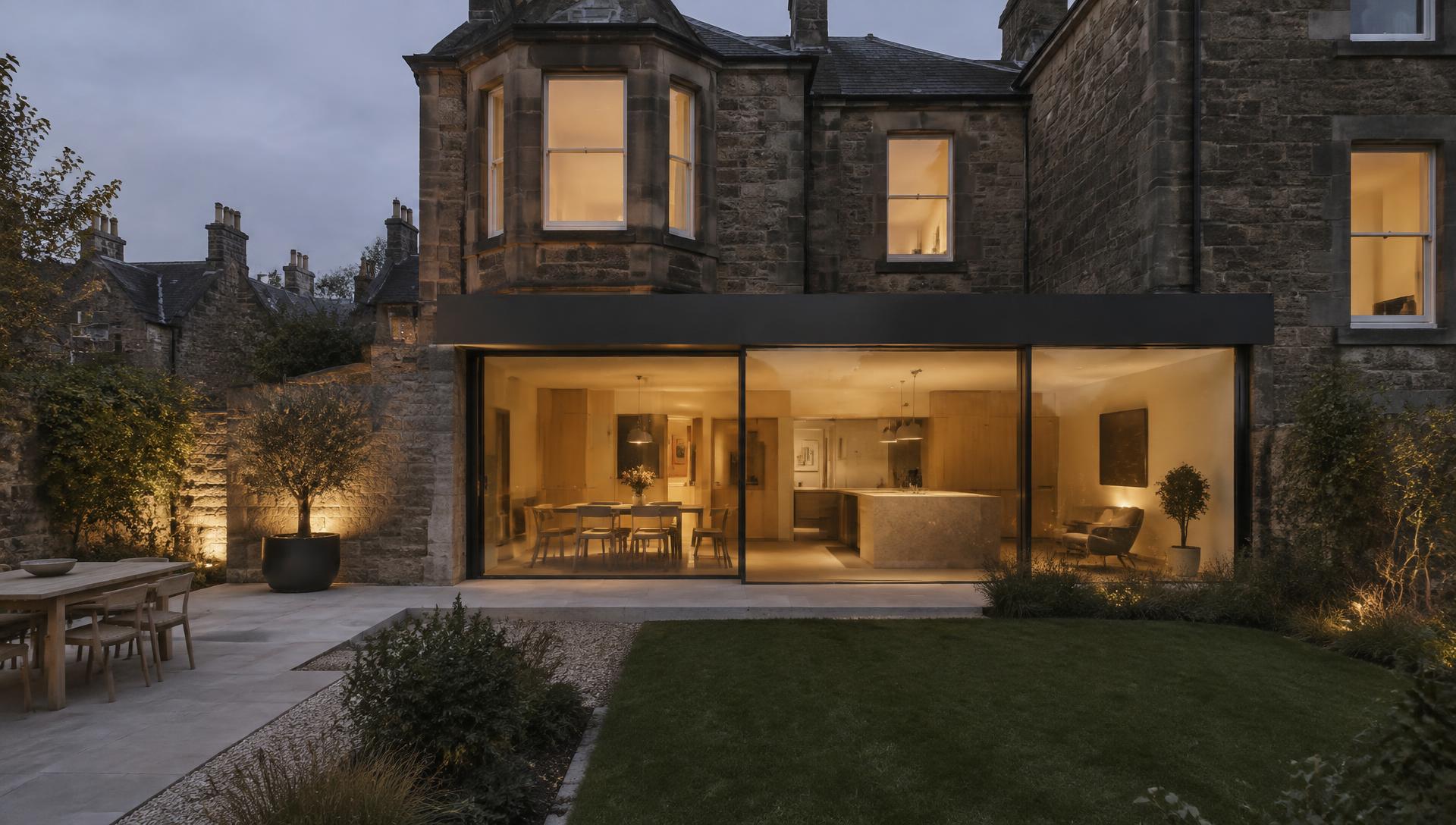 Contemporary glazed rear extension on a sandstone Edinburgh villa at dusk